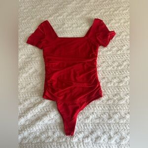 Women's Red Square Neck Sheer Mesh Short Sleeve Bodysuit Ruched Going Out